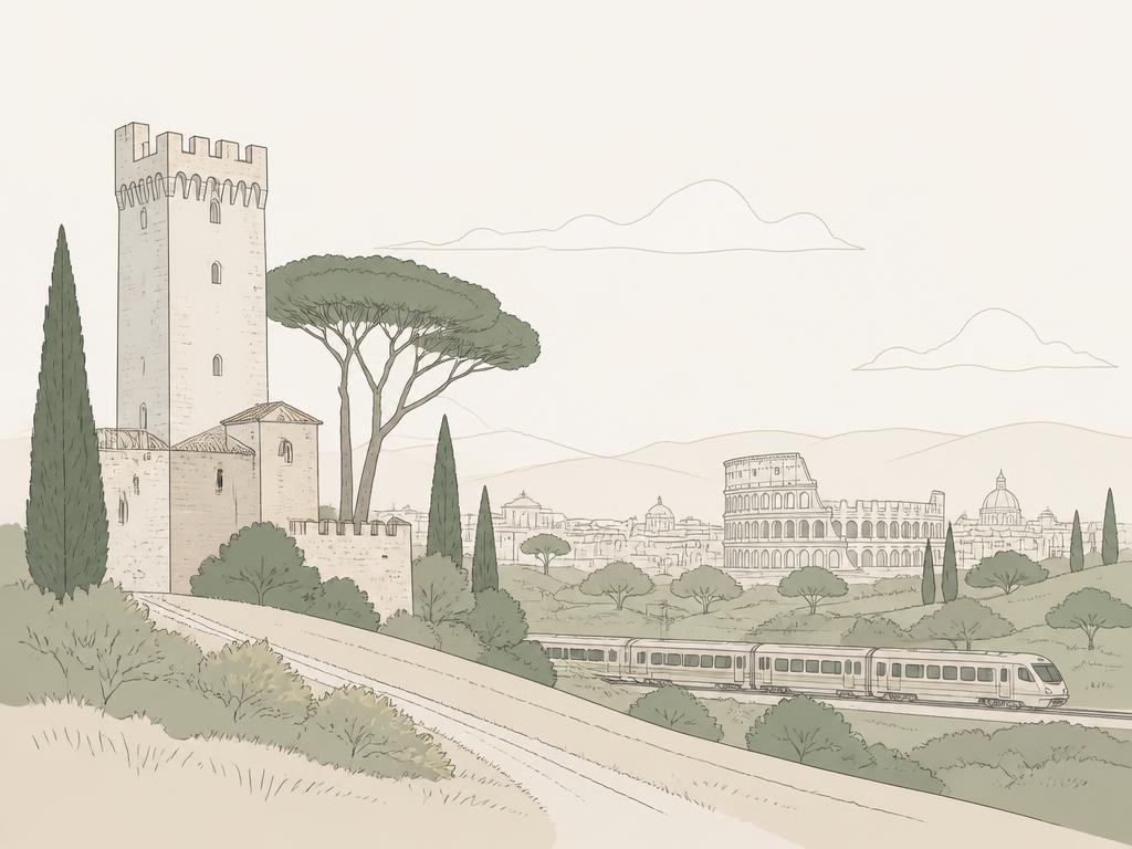 Illustrazione del Castello di Lunghezza e della campagna romana a est di Roma