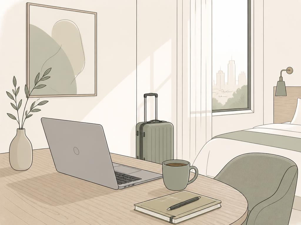 Illustrazione di una postazione di lavoro con laptop e valigia nell'appartamento GC HEJME
